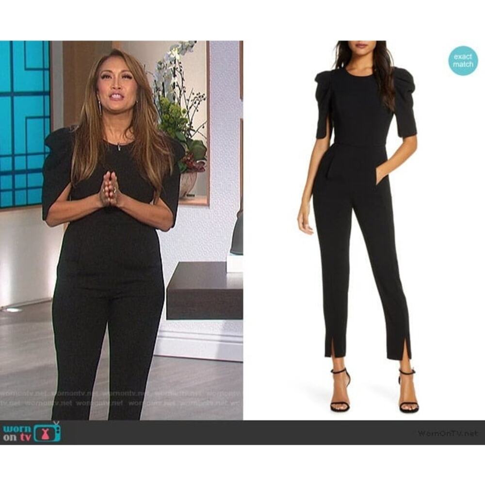 Black Halo Russo Puff Shoulder Slit Jumpsuit Black Size 8 Slim Leg Front Pockets - Picture 14 of 15